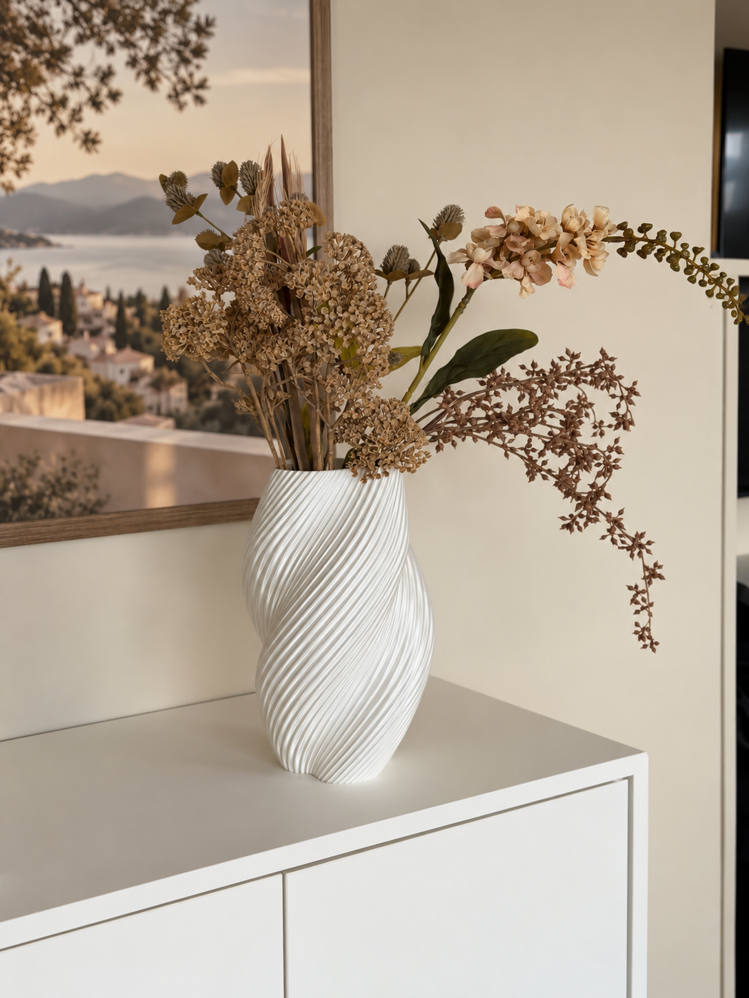 Opal Vase Metallic i hvit med blomster